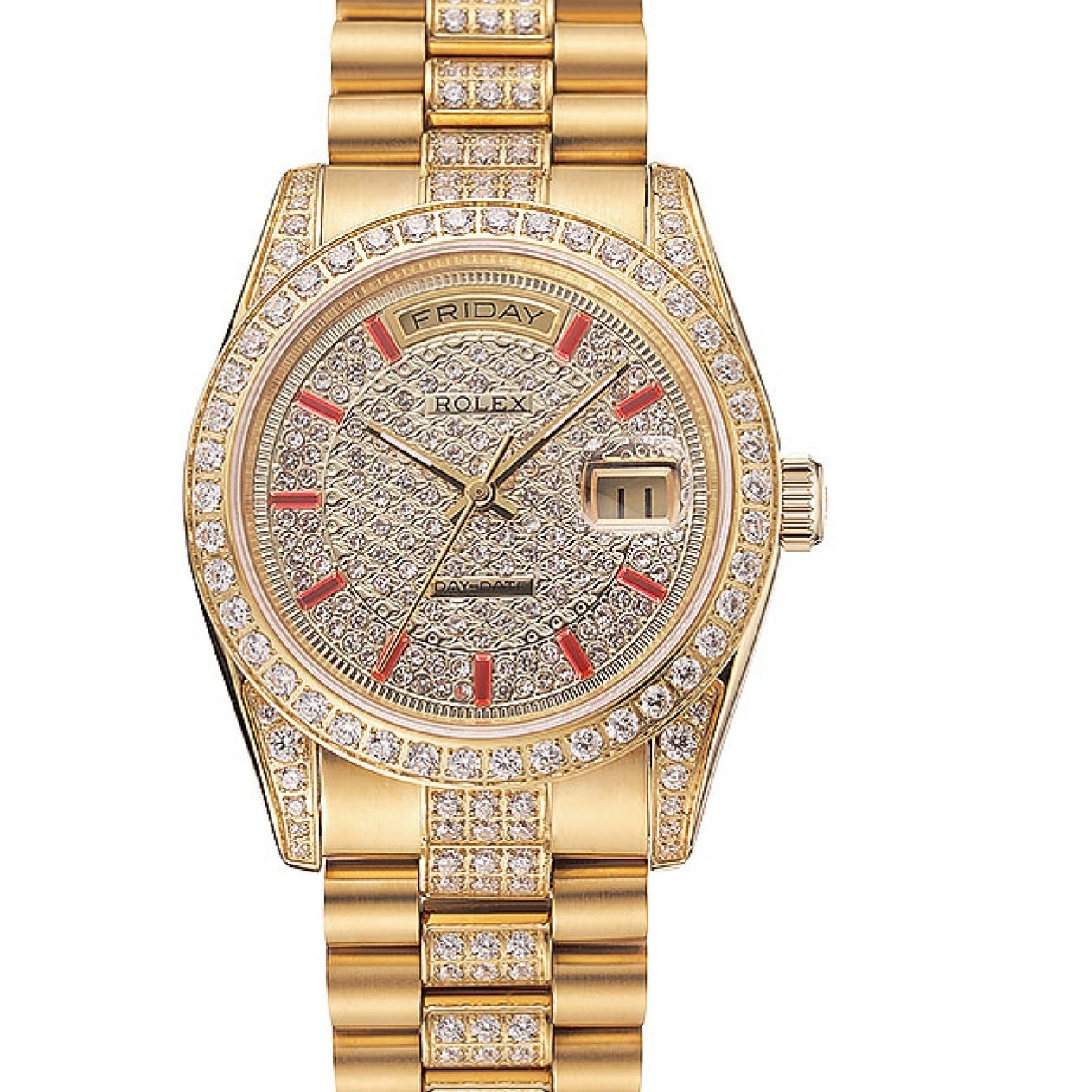 MiroTime 1015 Swiss Rolex Day-Date Red Diamond Pave Dial Gold Diamond Bracelet 1453960